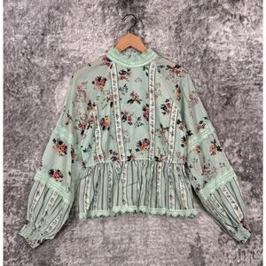 Anthropologie Top Small Womens Hemant & Nandita Green Floral Lace Trim Blouse